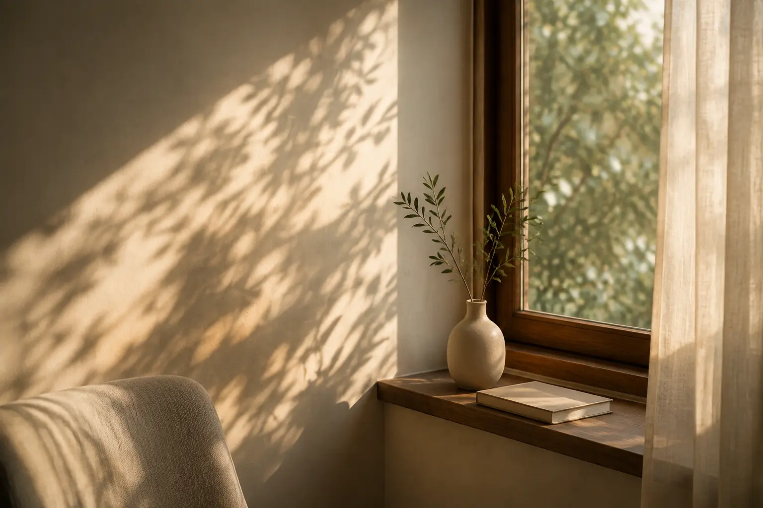 A quiet interior with soft window light representing self-reflection and inner awareness
